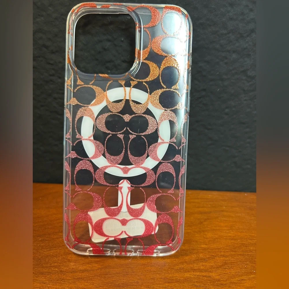 Coach iPhone 15 Pro Max Case Pink‎ Ombre Glitter Signature Pattern NWT no box